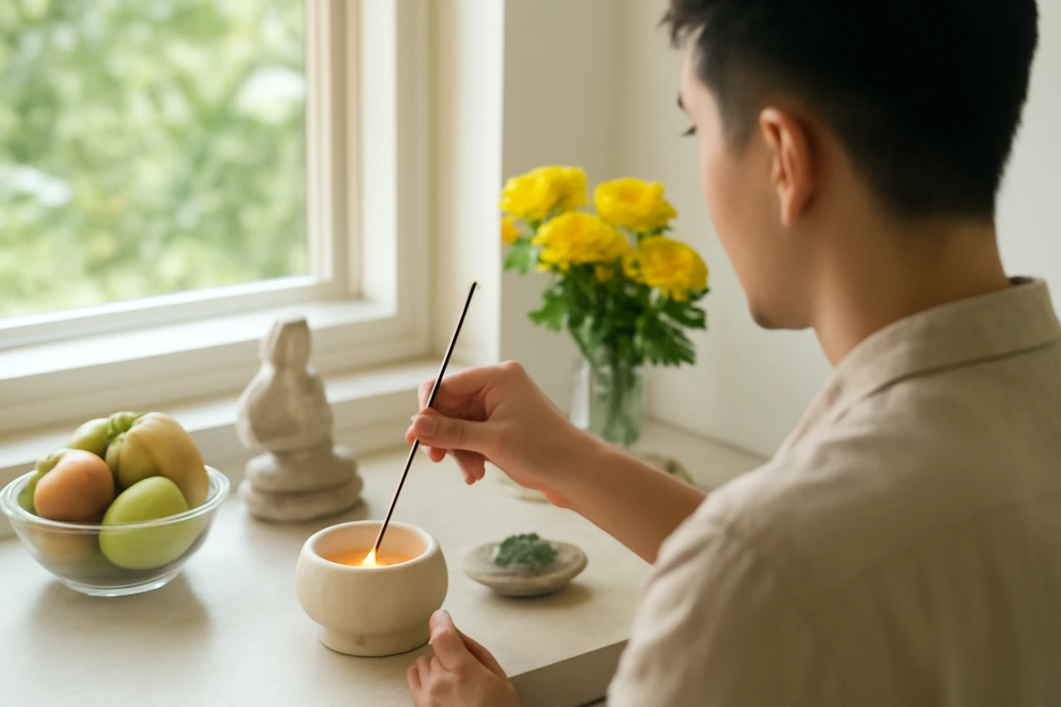 Thắp hương tại nhà từng bước: châm lửa, cắm hương, vái lạy và dập hương sao cho gọn, an toàn
